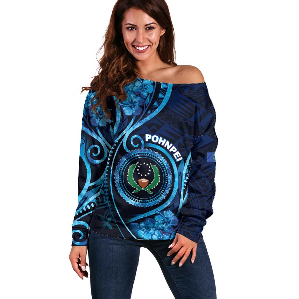 Personalised FSM Pohnpei Off Shoulder Sweater Ocean Floral Pattern LT05 Women Blue - Polynesian Pride