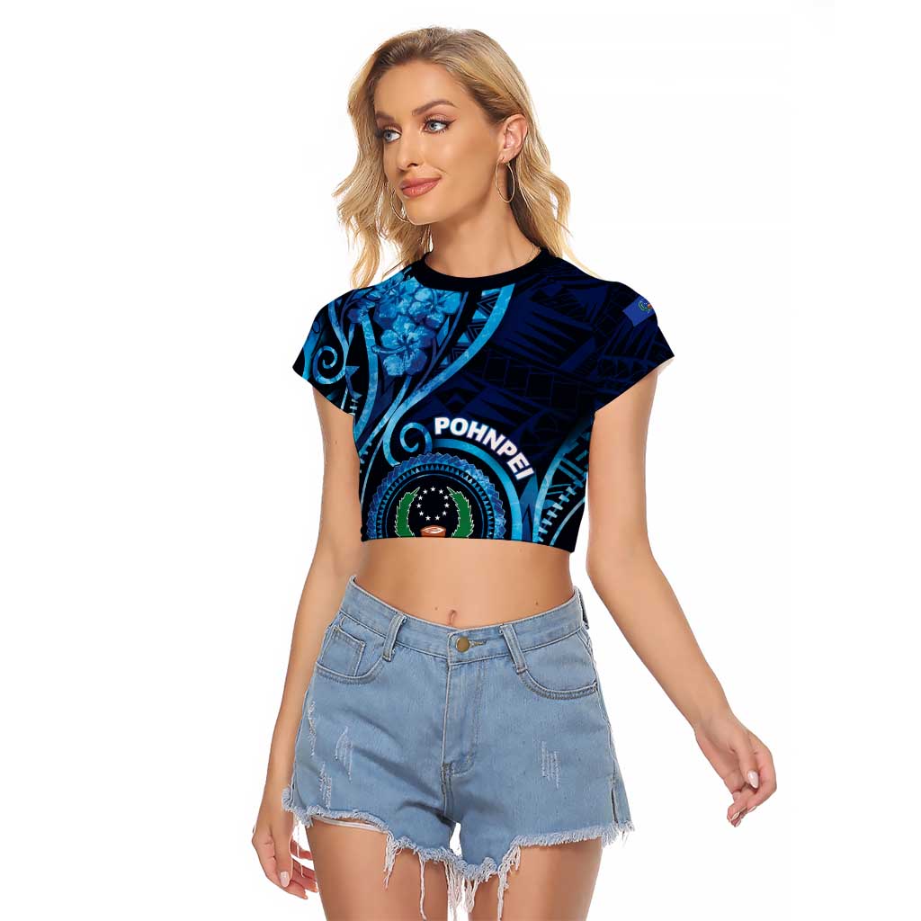 Personalised FSM Pohnpei Raglan Cropped T Shirt Ocean Floral Pattern LT05 Female Blue - Polynesian Pride