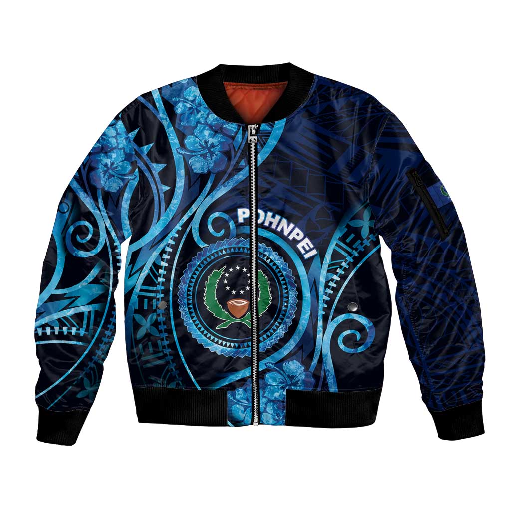 Personalised FSM Pohnpei Sleeve Zip Bomber Jacket Ocean Floral Pattern LT05 Unisex Blue - Polynesian Pride