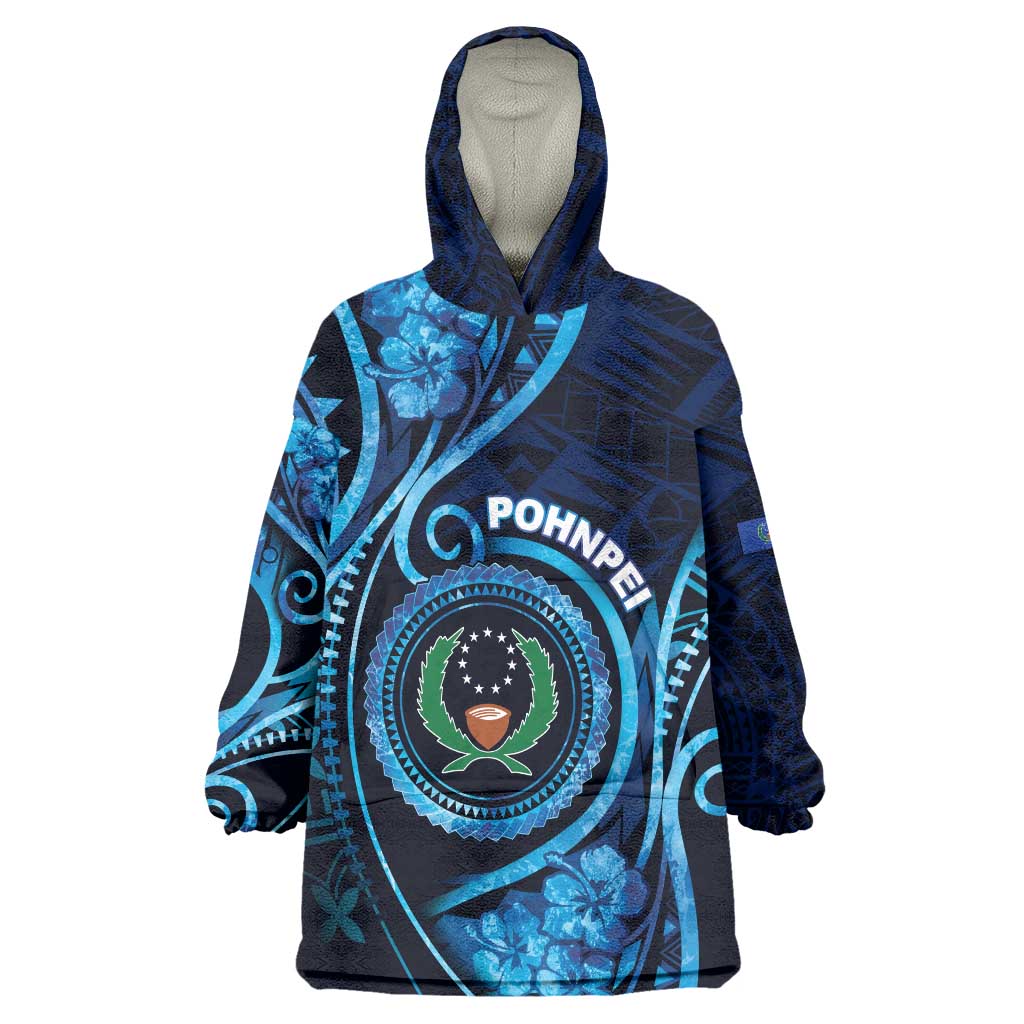 Personalised FSM Pohnpei Wearable Blanket Hoodie Ocean Floral Pattern LT05 One Size Blue - Polynesian Pride