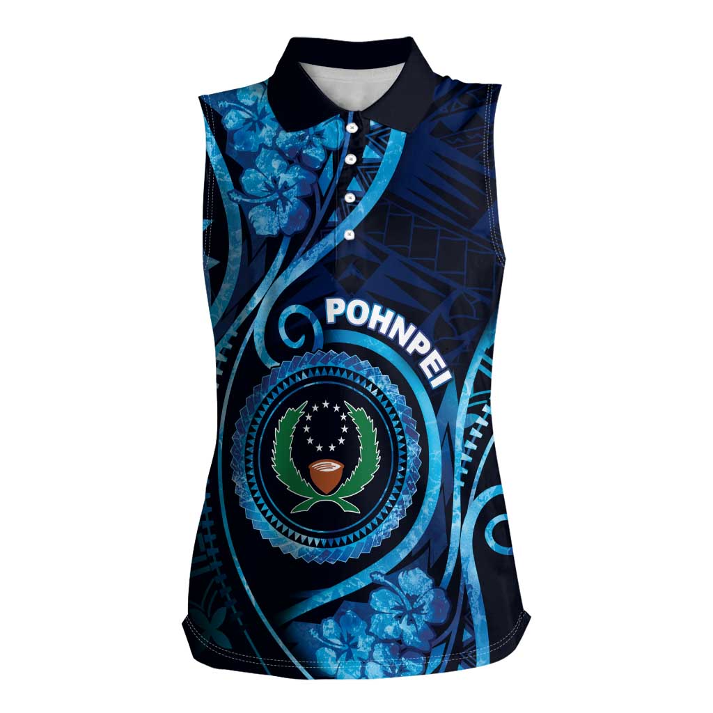 Personalised FSM Pohnpei Women Sleeveless Polo Shirt Ocean Floral Pattern LT05 Female Blue - Polynesian Pride
