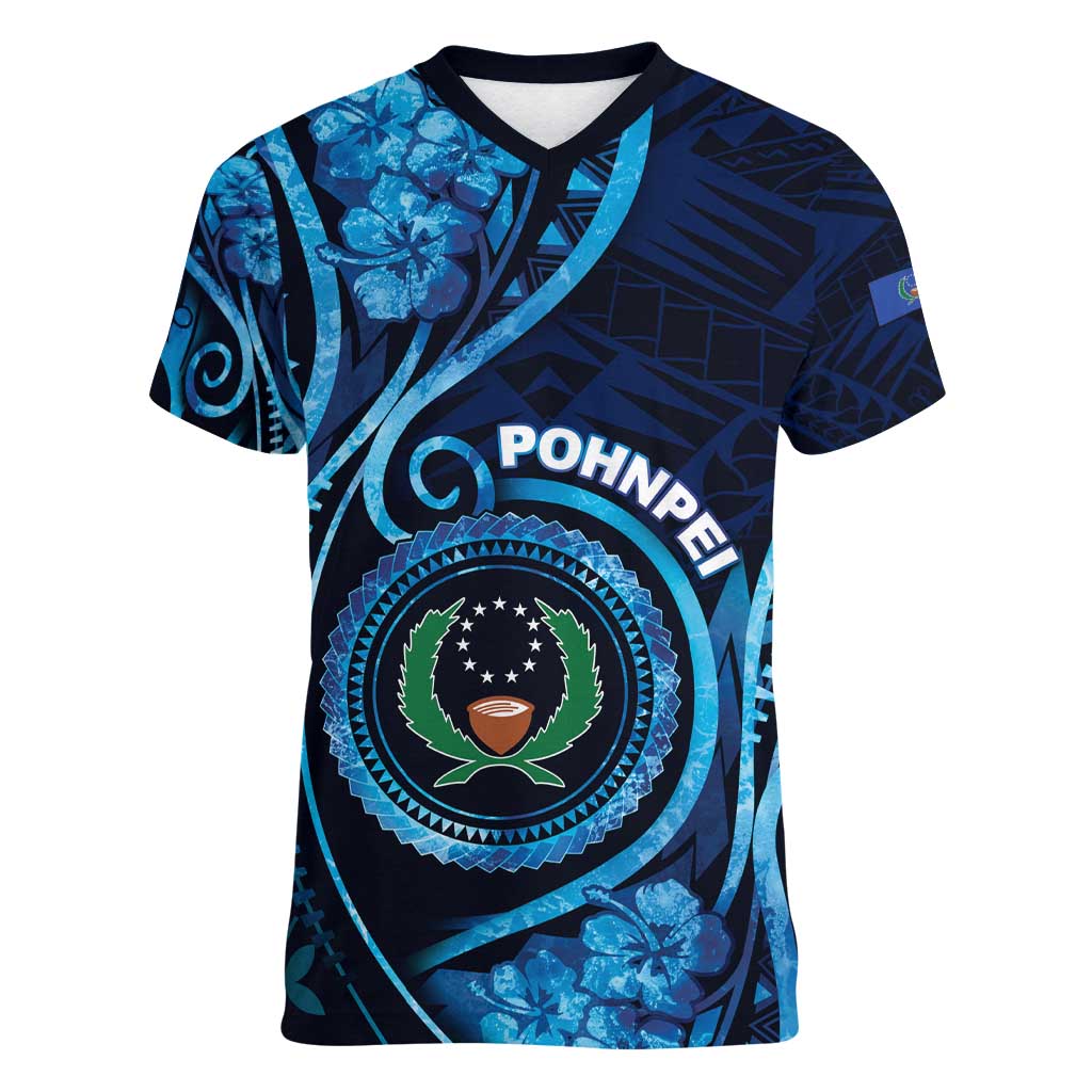 Personalised FSM Pohnpei Women V-Neck T-Shirt Ocean Floral Pattern LT05 Female Blue - Polynesian Pride