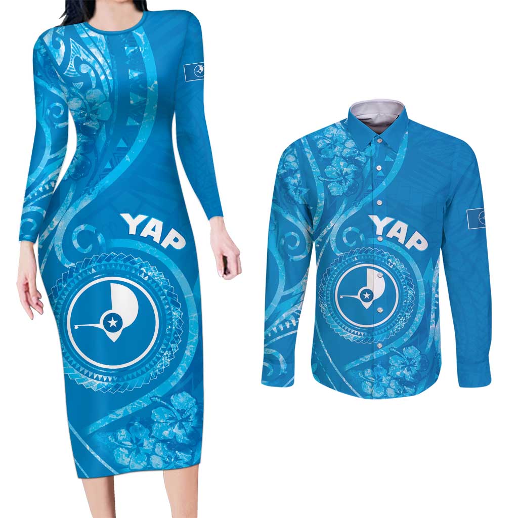 Personalised FSM Yap Couples Matching Long Sleeve Bodycon Dress and Long Sleeve Button Shirt Ocean Floral Pattern LT05 Blue - Polynesian Pride