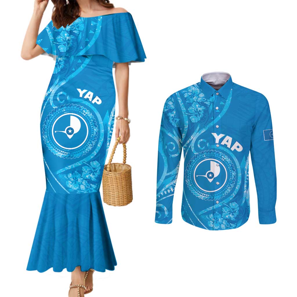Personalised FSM Yap Couples Matching Mermaid Dress and Long Sleeve Button Shirt Ocean Floral Pattern LT05 Blue - Polynesian Pride