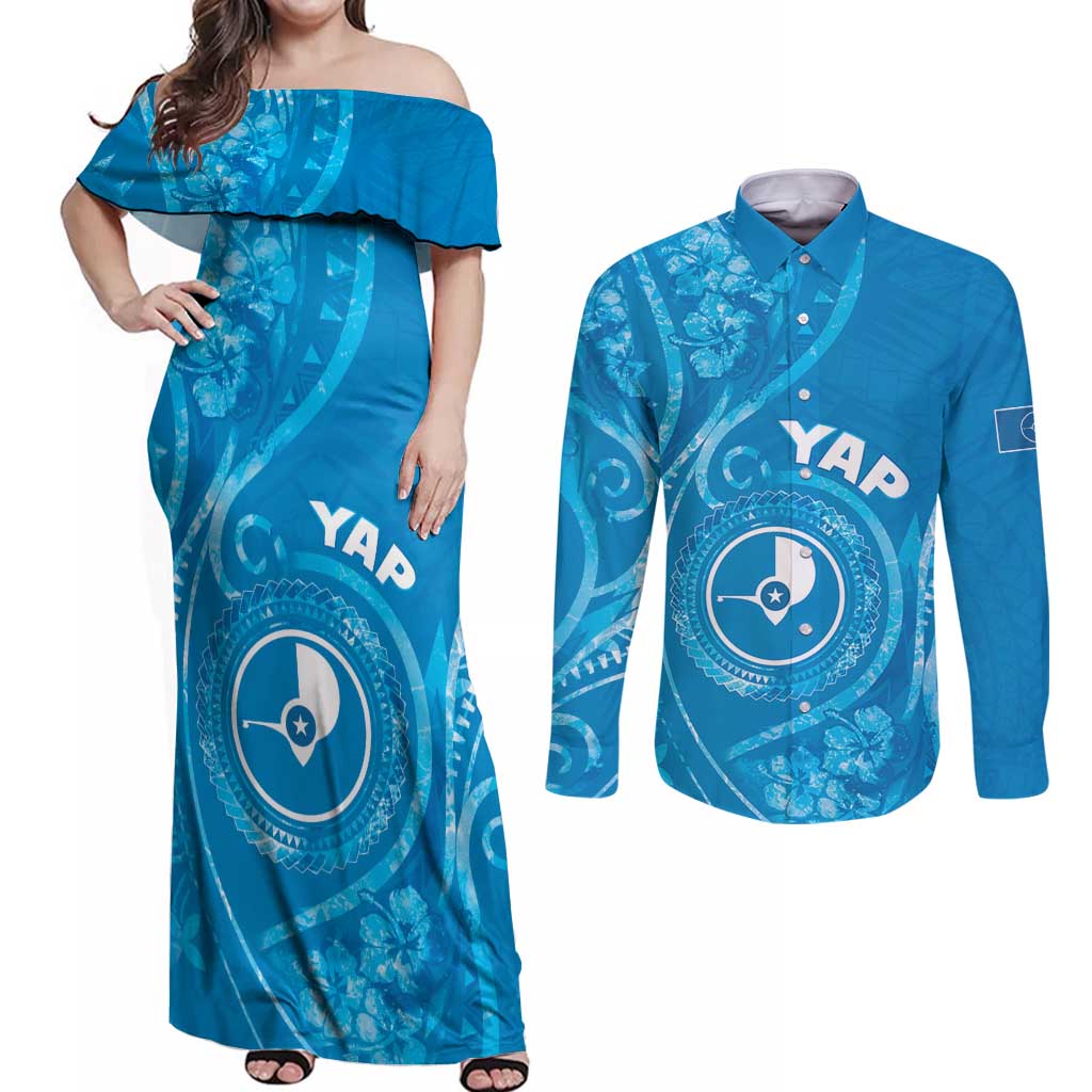 Personalised FSM Yap Couples Matching Off Shoulder Maxi Dress and Long Sleeve Button Shirt Ocean Floral Pattern LT05 Blue - Polynesian Pride