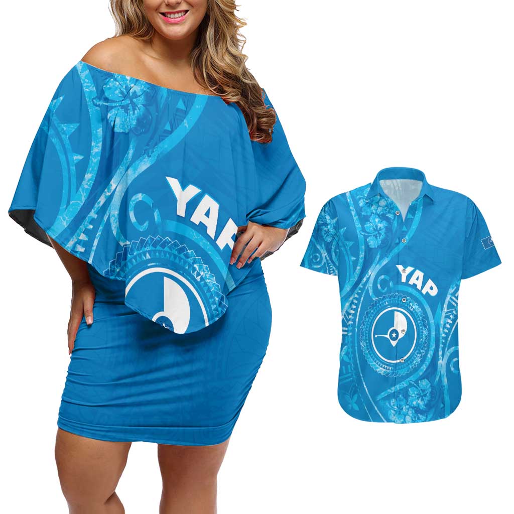 Personalised FSM Yap Couples Matching Off Shoulder Short Dress and Hawaiian Shirt Ocean Floral Pattern LT05 Blue - Polynesian Pride