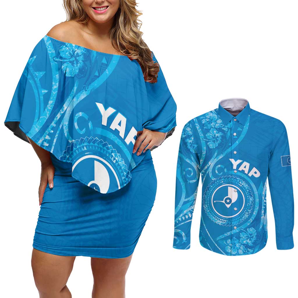 Personalised FSM Yap Couples Matching Off Shoulder Short Dress and Long Sleeve Button Shirt Ocean Floral Pattern LT05 Blue - Polynesian Pride