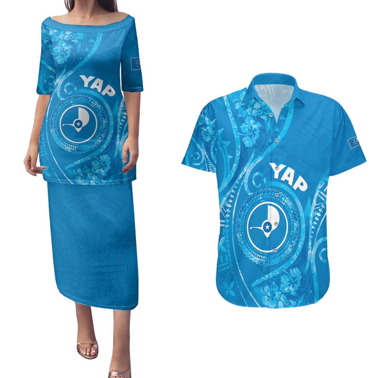 Personalised FSM Yap Couples Matching Puletasi and Hawaiian Shirt Ocean Floral Pattern LT05 Blue - Polynesian Pride