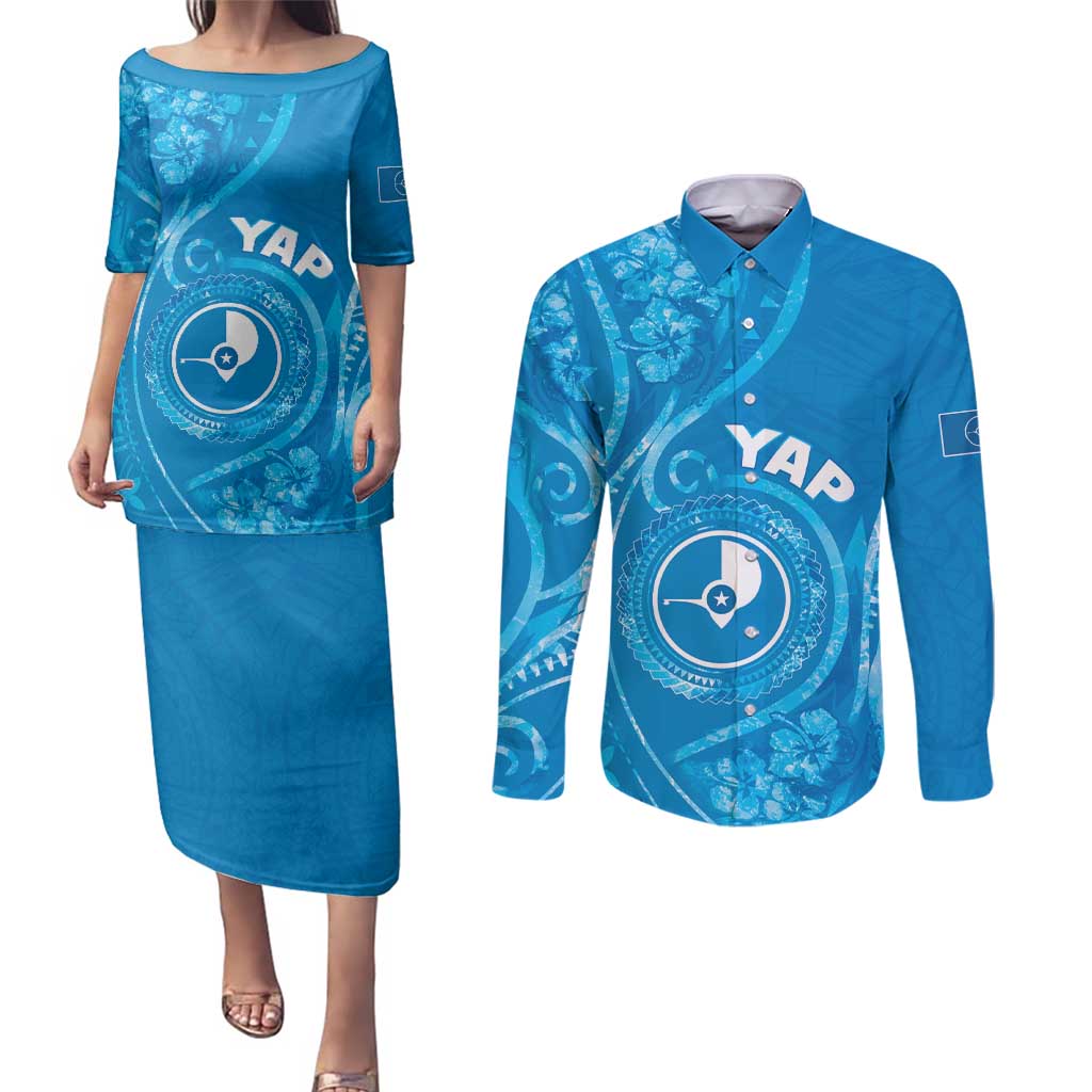 Personalised FSM Yap Couples Matching Puletasi and Long Sleeve Button Shirt Ocean Floral Pattern LT05 Blue - Polynesian Pride