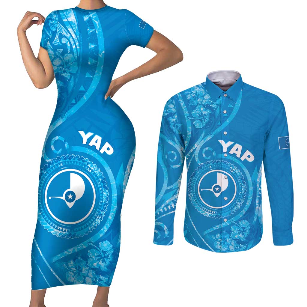 Personalised FSM Yap Couples Matching Short Sleeve Bodycon Dress and Long Sleeve Button Shirt Ocean Floral Pattern LT05 Blue - Polynesian Pride