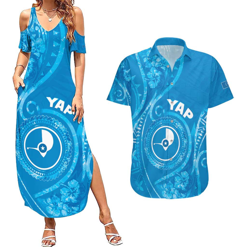 Personalised FSM Yap Couples Matching Summer Maxi Dress and Hawaiian Shirt Ocean Floral Pattern LT05 Blue - Polynesian Pride