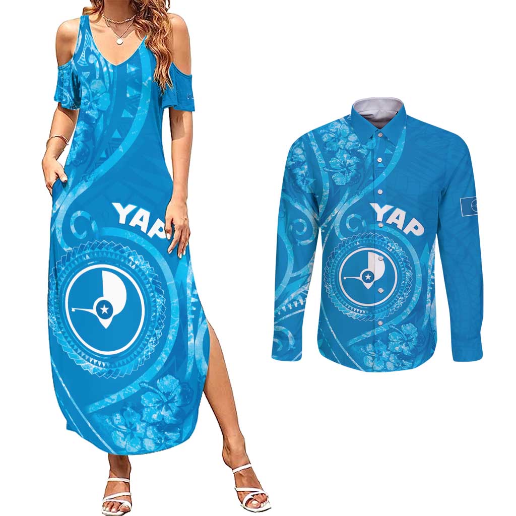 Personalised FSM Yap Couples Matching Summer Maxi Dress and Long Sleeve Button Shirt Ocean Floral Pattern LT05 Blue - Polynesian Pride