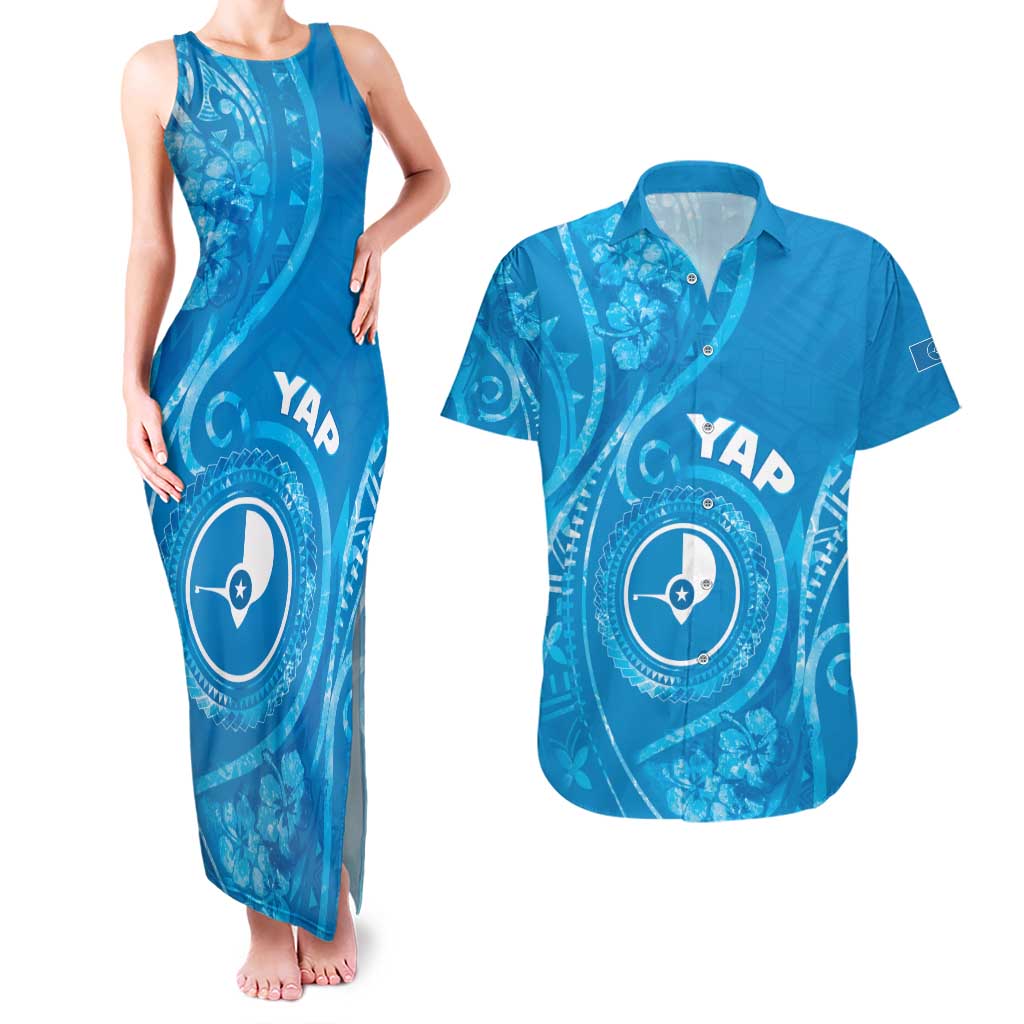 Personalised FSM Yap Couples Matching Tank Maxi Dress and Hawaiian Shirt Ocean Floral Pattern LT05 Blue - Polynesian Pride