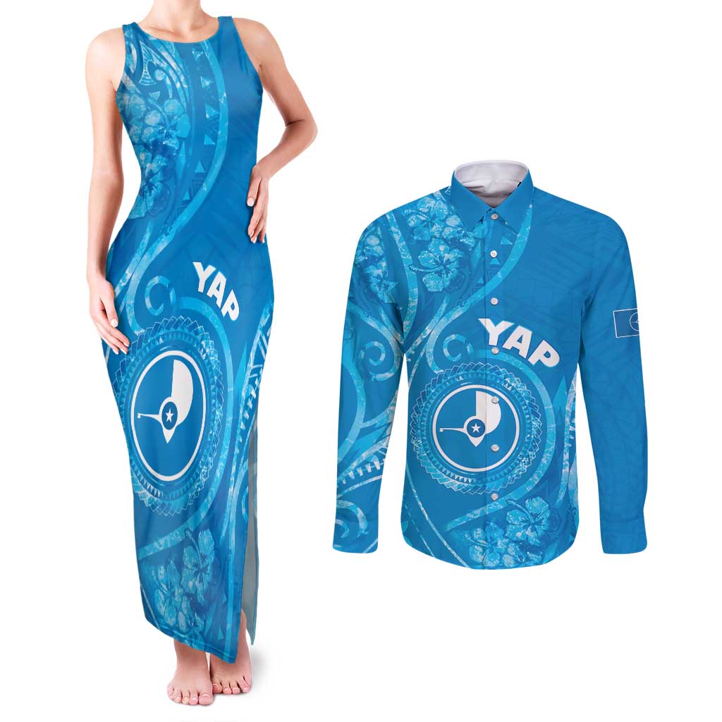 Personalised FSM Yap Couples Matching Tank Maxi Dress and Long Sleeve Button Shirt Ocean Floral Pattern LT05 Blue - Polynesian Pride