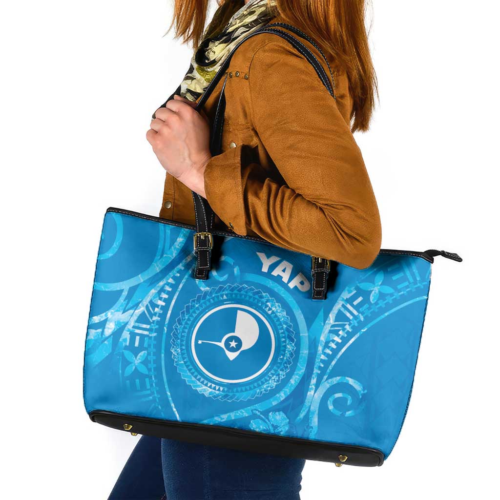 FSM Yap Leather Tote Bag Ocean Floral Pattern LT05 Blue - Polynesian Pride