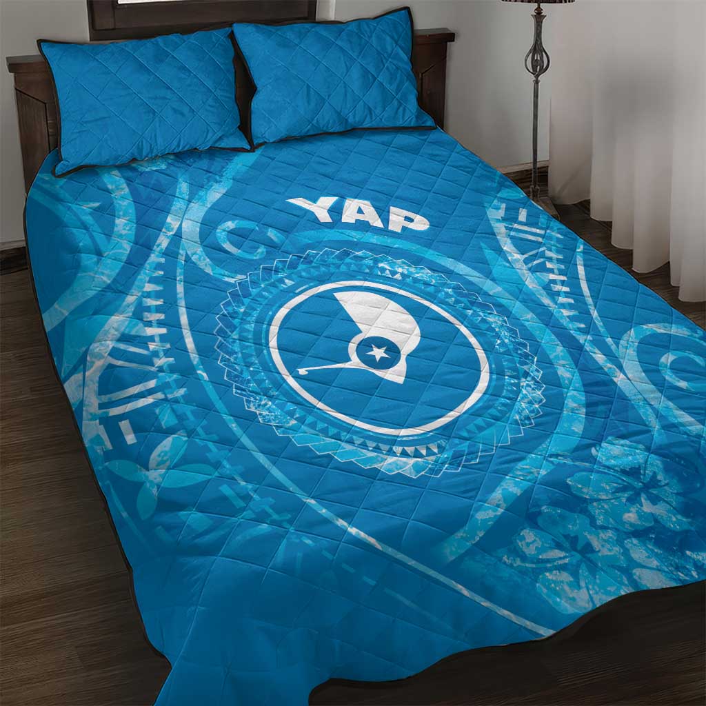 FSM Yap Quilt Bed Set Ocean Floral Pattern LT05 Blue - Polynesian Pride