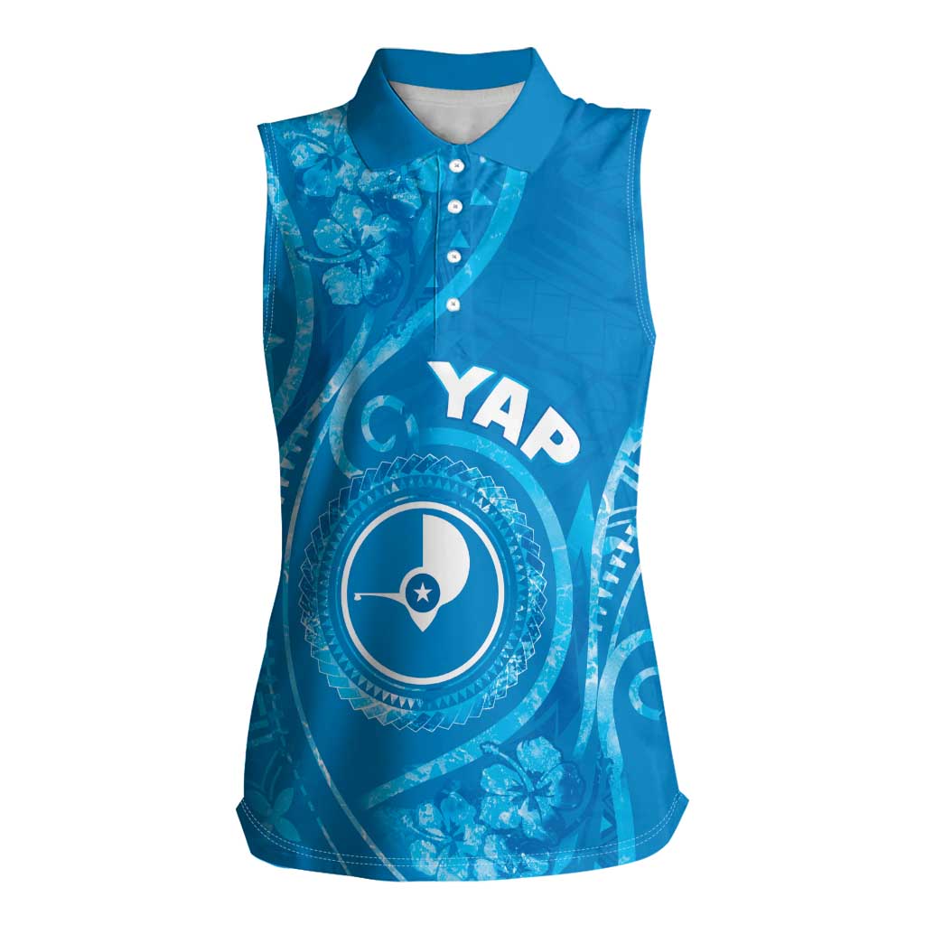Personalised FSM Yap Women Sleeveless Polo Shirt Ocean Floral Pattern LT05 Female Blue - Polynesian Pride