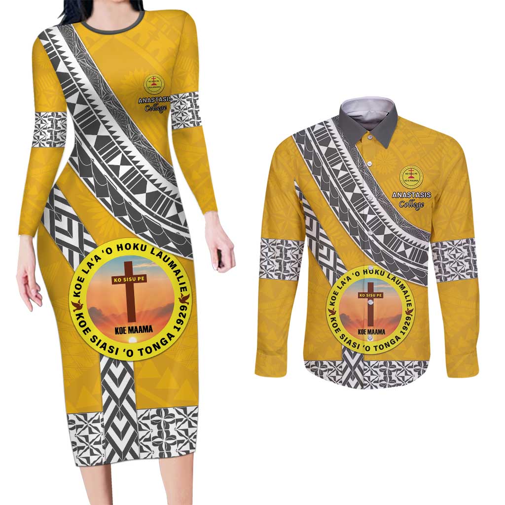 Personalised Anastasis College Couples Matching Long Sleeve Bodycon Dress and Long Sleeve Button Shirt Tonga Unique Style - Polynesian Pride