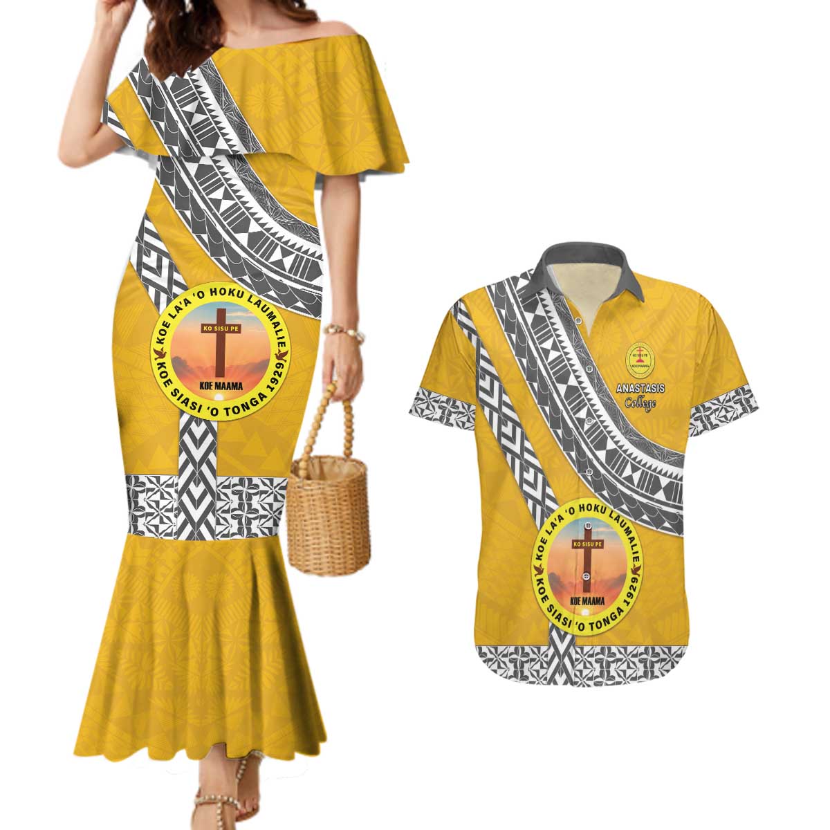 Personalised Anastasis College Couples Matching Mermaid Dress and Hawaiian Shirt Tonga Unique Style LT05 Yellow - Polynesian Pride