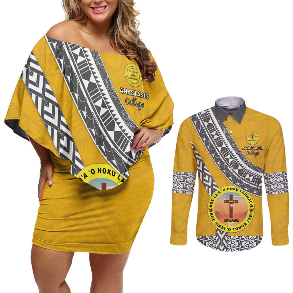 Personalised Anastasis College Couples Matching Off Shoulder Short Dress and Long Sleeve Button Shirt Tonga Unique Style LT05 Yellow - Polynesian Pride