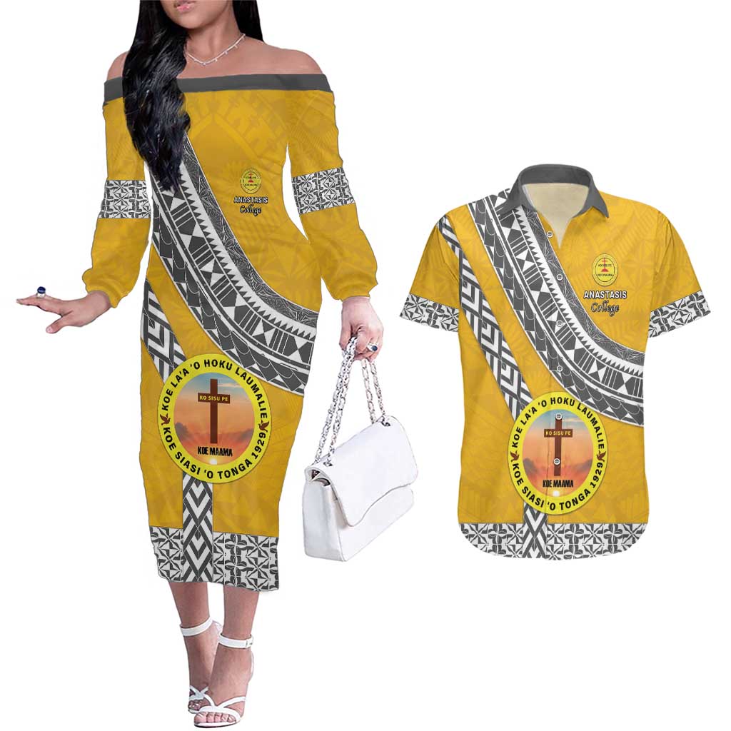 Personalised Anastasis College Couples Matching Off The Shoulder Long Sleeve Dress and Hawaiian Shirt Tonga Unique Style LT05 Yellow - Polynesian Pride
