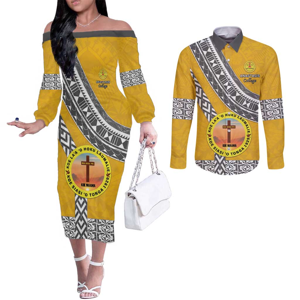 Personalised Anastasis College Couples Matching Off The Shoulder Long Sleeve Dress and Long Sleeve Button Shirt Tonga Unique Style LT05 Yellow - Polynesian Pride