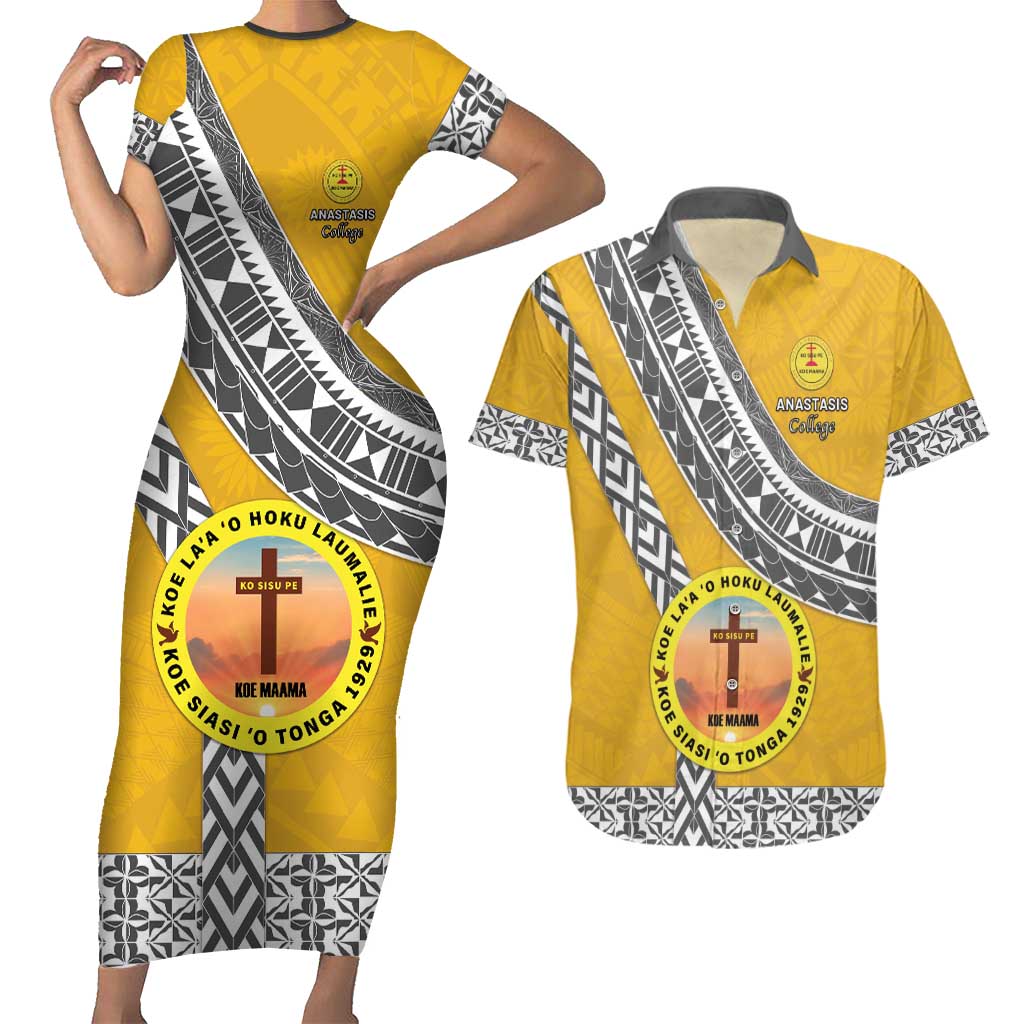 Personalised Anastasis College Couples Matching Short Sleeve Bodycon Dress and Hawaiian Shirt Tonga Unique Style LT05 Yellow - Polynesian Pride