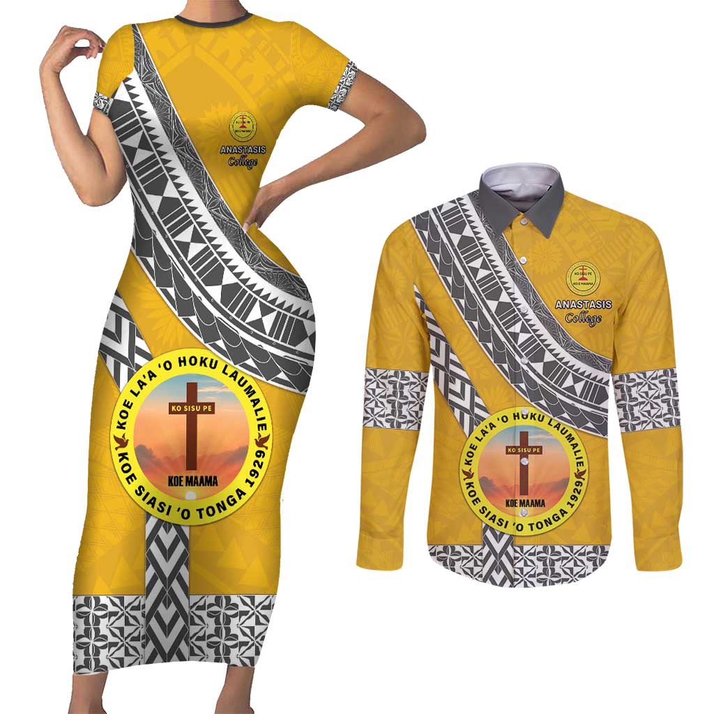 Personalised Anastasis College Couples Matching Short Sleeve Bodycon Dress and Long Sleeve Button Shirt Tonga Unique Style - Polynesian Pride