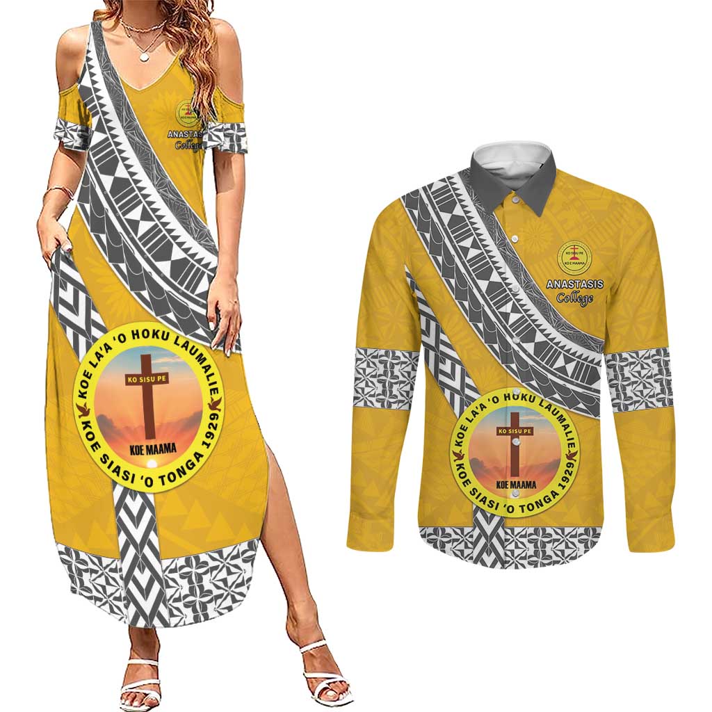 Personalised Anastasis College Couples Matching Summer Maxi Dress and Long Sleeve Button Shirt Tonga Unique Style LT05 Yellow - Polynesian Pride