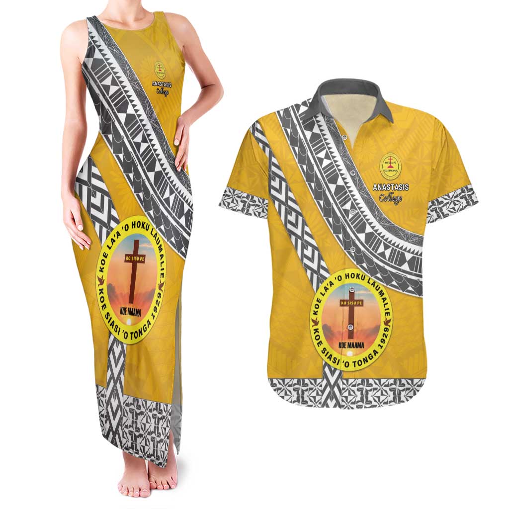 Personalised Anastasis College Couples Matching Tank Maxi Dress and Hawaiian Shirt Tonga Unique Style LT05 Yellow - Polynesian Pride