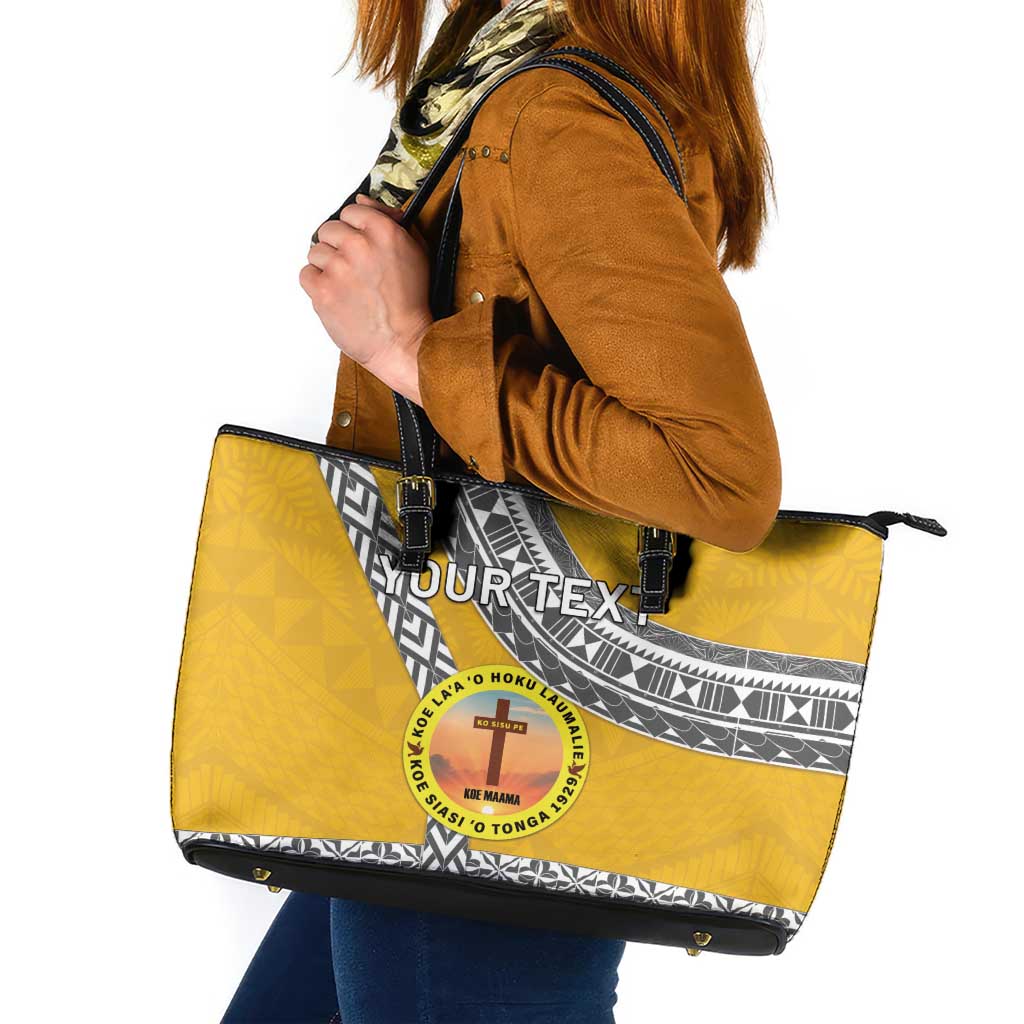Personalised Anastasis College Leather Tote Bag Tonga Unique Style LT05 Yellow - Polynesian Pride