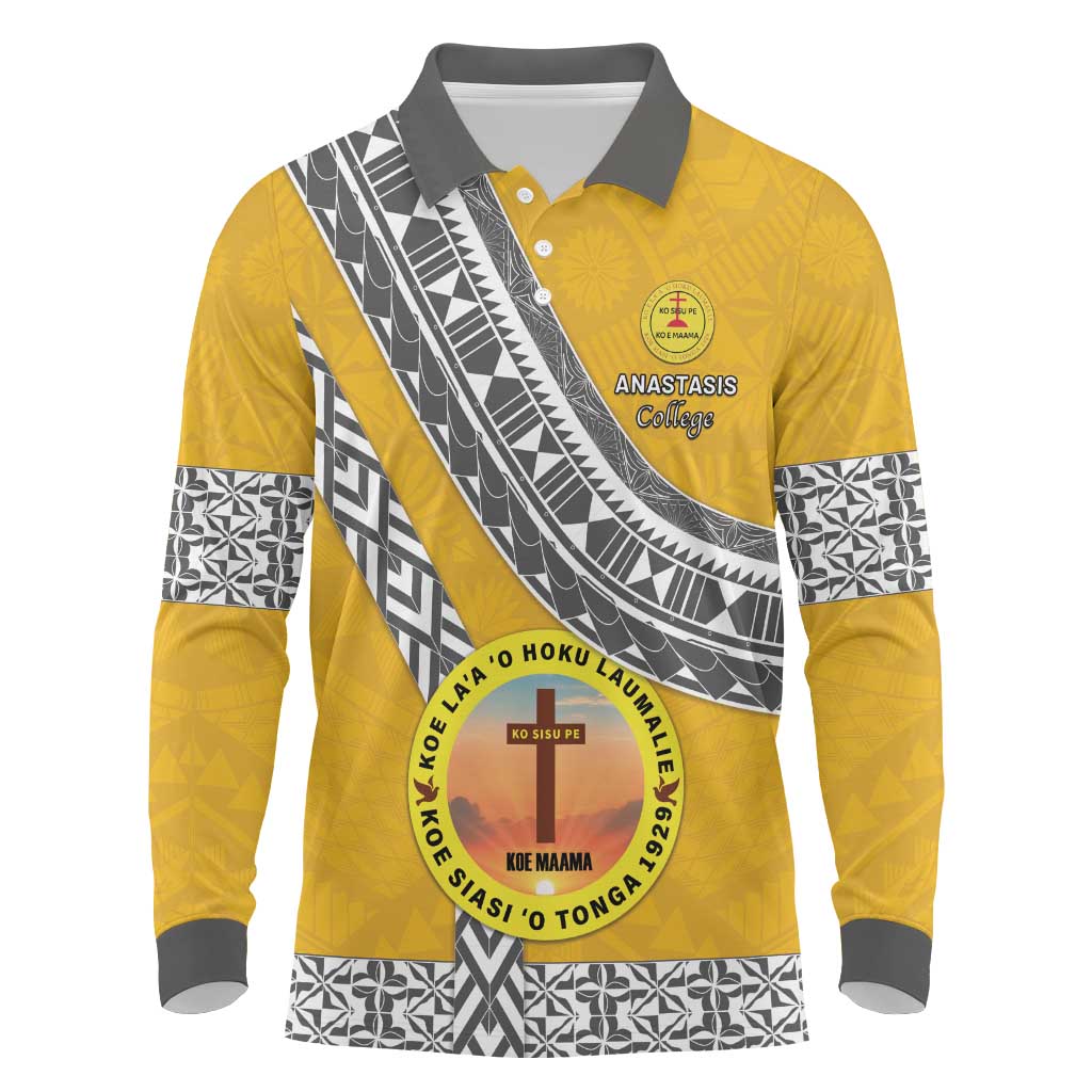 Personalised Anastasis College Long Sleeve Polo Shirt Tonga Unique Style LT05 Yellow - Polynesian Pride