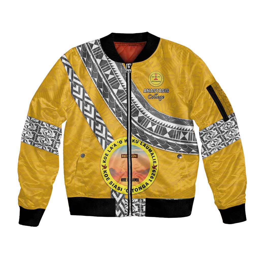 Personalised Anastasis College Sleeve Zip Bomber Jacket Tonga Unique Style LT05 Unisex Yellow - Polynesian Pride
