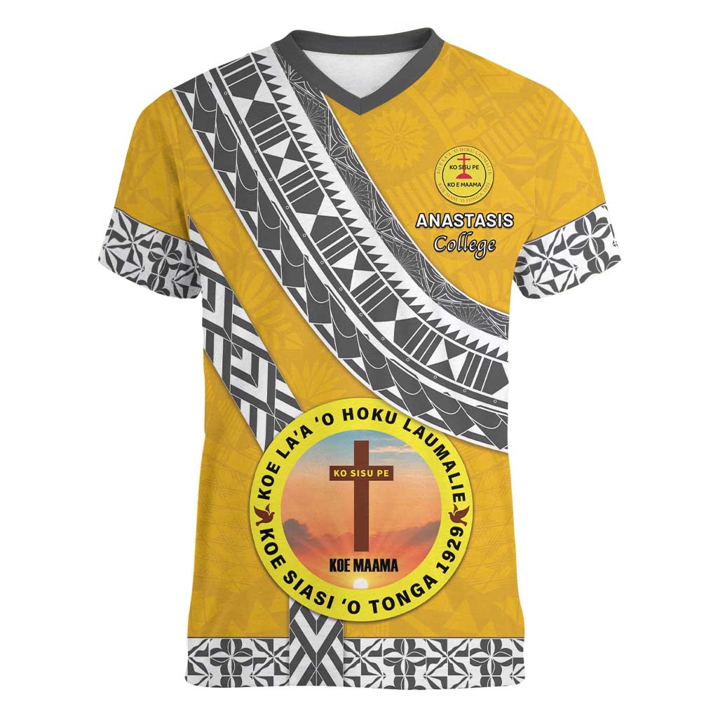 Personalised Anastasis College Women V-Neck T-Shirt Tonga Unique Style LT05 Female Yellow - Polynesian Pride