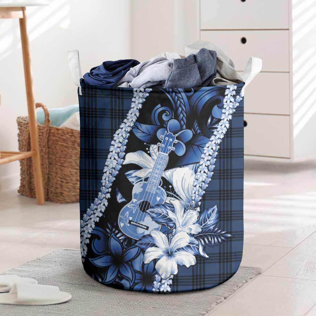 Hawaii Ukulele Laundry Basket Tropical Flowers With Palaka Effect Blue Version - Polynesian Pride