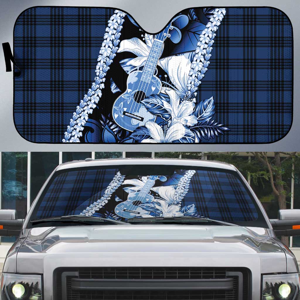Hawaii Ukulele Auto Sun Shade Tropical Flowers With Palaka Effect Blue Version - Polynesian Pride