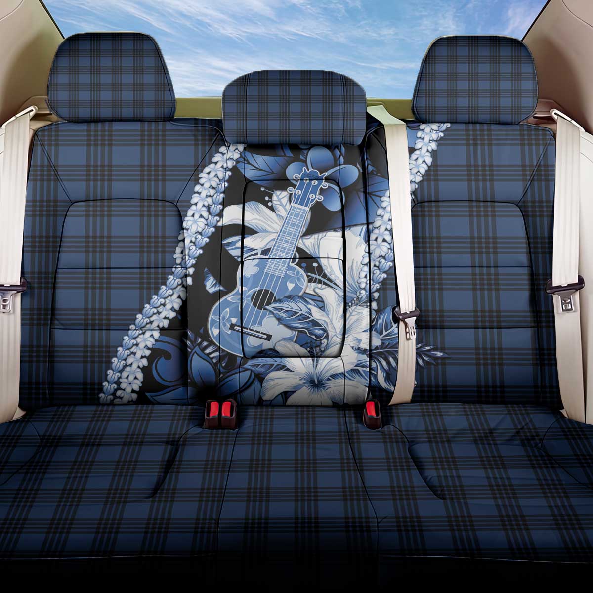 Hawaii Ukulele Back Car Seat Cover Tropical Flowers With Palaka Effect Blue Version - Polynesian Pride