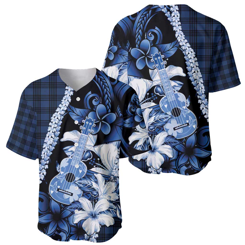 Hawaii Ukulele Baseball Jersey Tropical Flowers With Palaka Effect Blue Version - Polynesian Pride