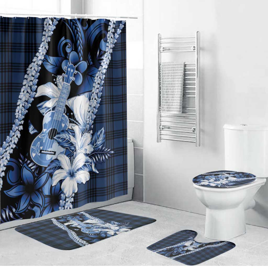 Hawaii Ukulele Bathroom Set Tropical Flowers With Palaka Effect Blue Version - Polynesian Pride