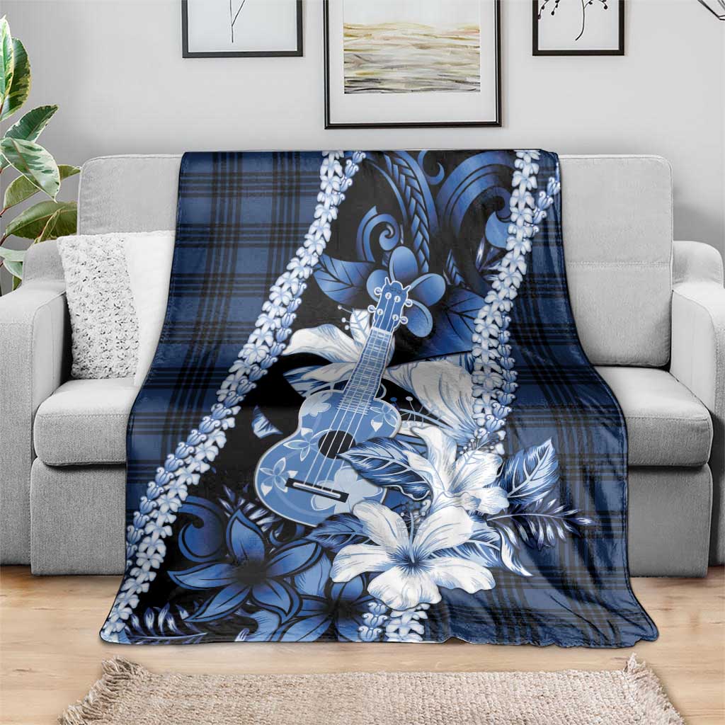 Hawaii Ukulele Blanket Tropical Flowers With Palaka Effect Blue Version - Polynesian Pride