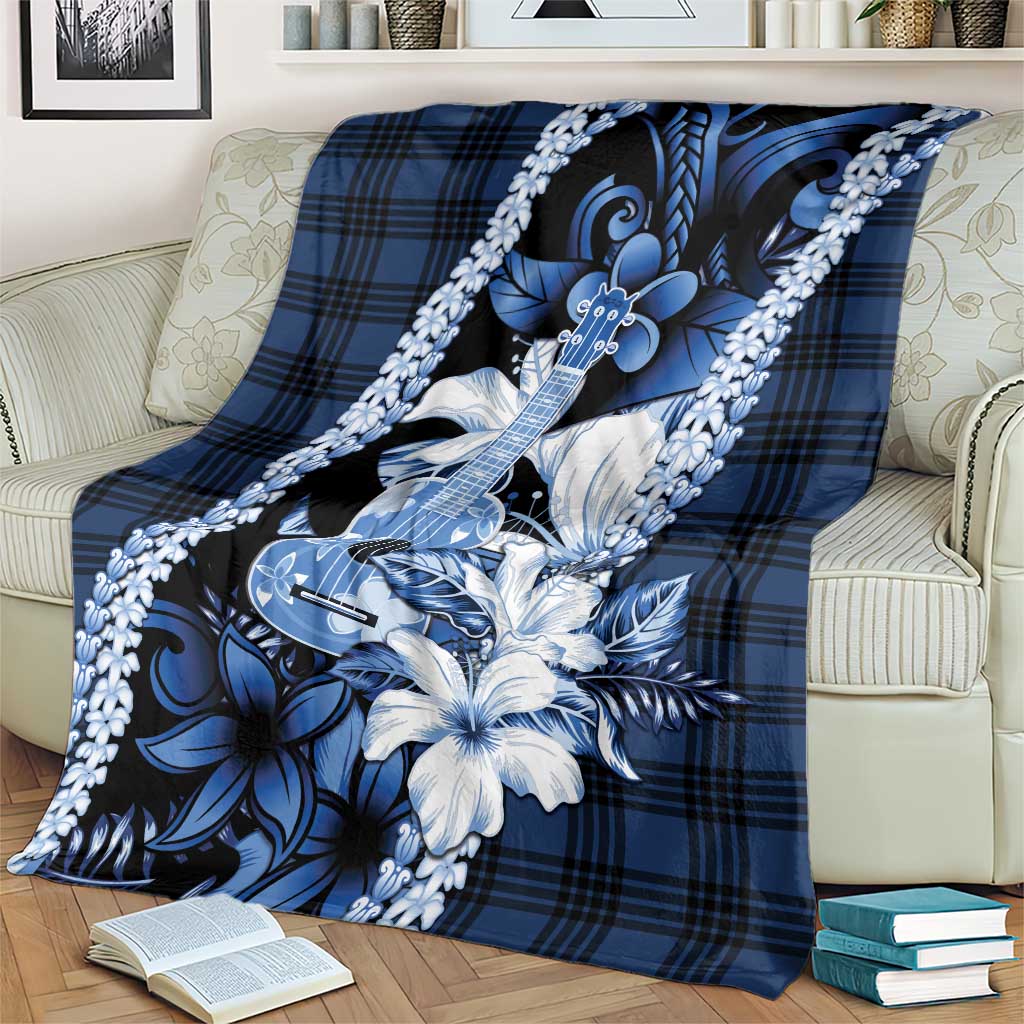 Hawaii Ukulele Blanket Tropical Flowers With Palaka Effect Blue Version - Polynesian Pride