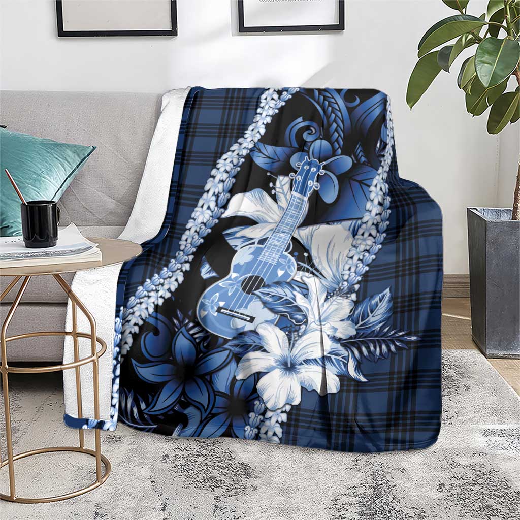 Hawaii Ukulele Blanket Tropical Flowers With Palaka Effect Blue Version - Polynesian Pride