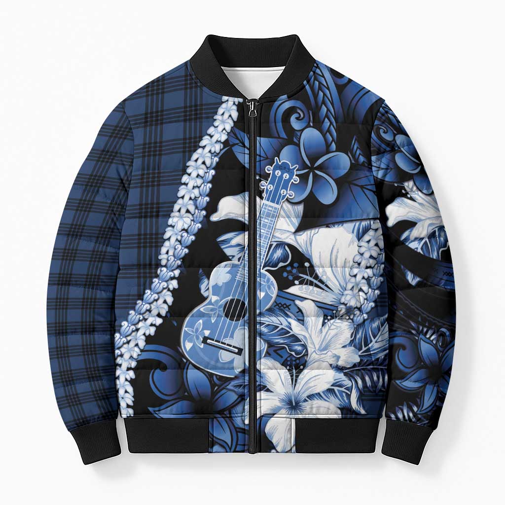 Hawaii Ukulele Bomber Puffer Jacket Tropical Flowers With Palaka Effect Blue Version - Polynesian Pride