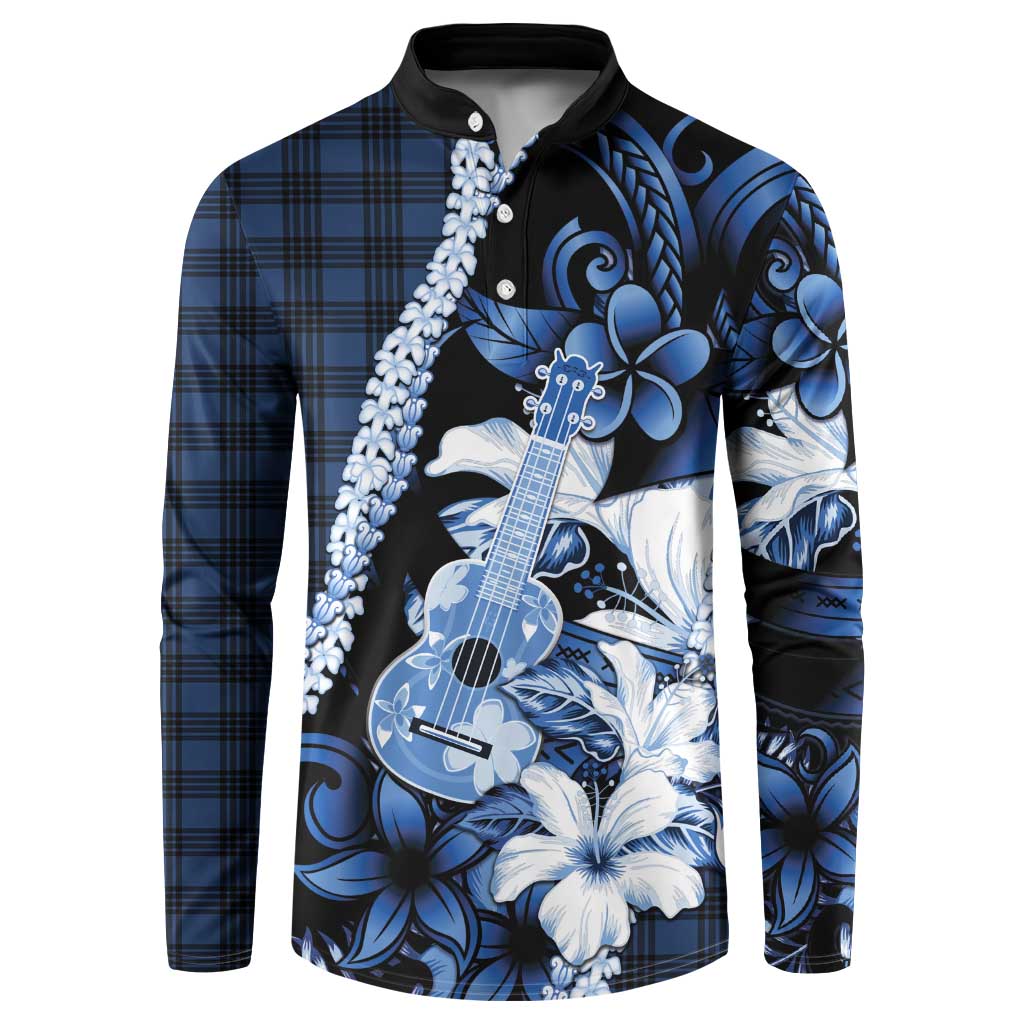 Hawaii Ukulele Button Sweatshirt Tropical Flowers With Palaka Effect Blue Version LT05 Blue - Polynesian Pride