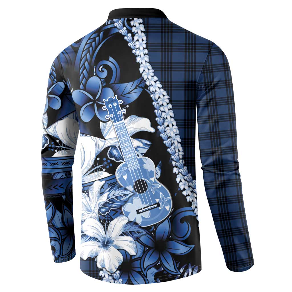 Hawaii Ukulele Button Sweatshirt Tropical Flowers With Palaka Effect Blue Version - Polynesian Pride