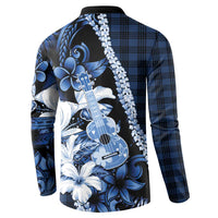Hawaii Ukulele Button Sweatshirt Tropical Flowers With Palaka Effect Blue Version - Polynesian Pride