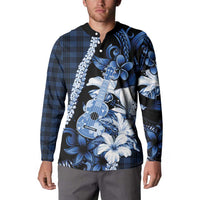 Hawaii Ukulele Button Sweatshirt Tropical Flowers With Palaka Effect Blue Version - Polynesian Pride