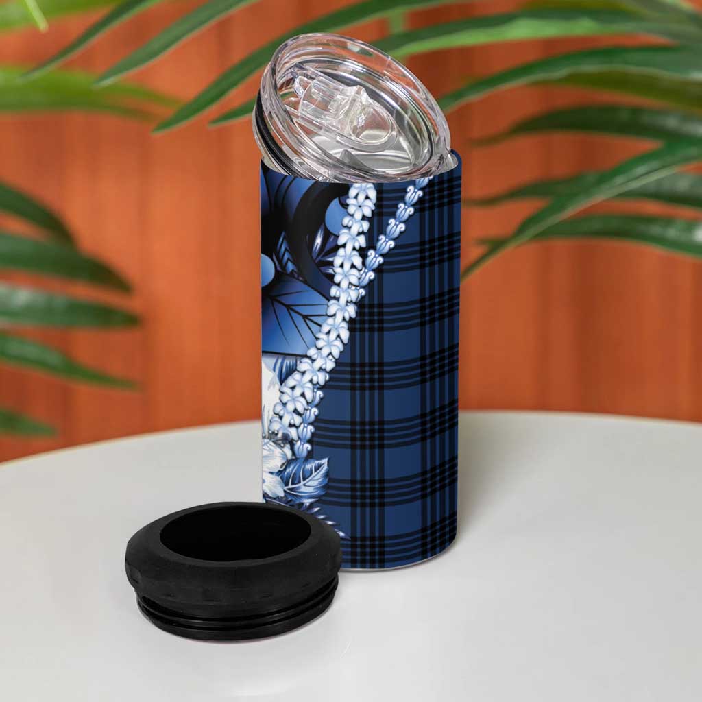 Hawaii Ukulele 4 in 1 Can Cooler Tumbler Tropical Flowers With Palaka Effect Blue Version - Polynesian Pride