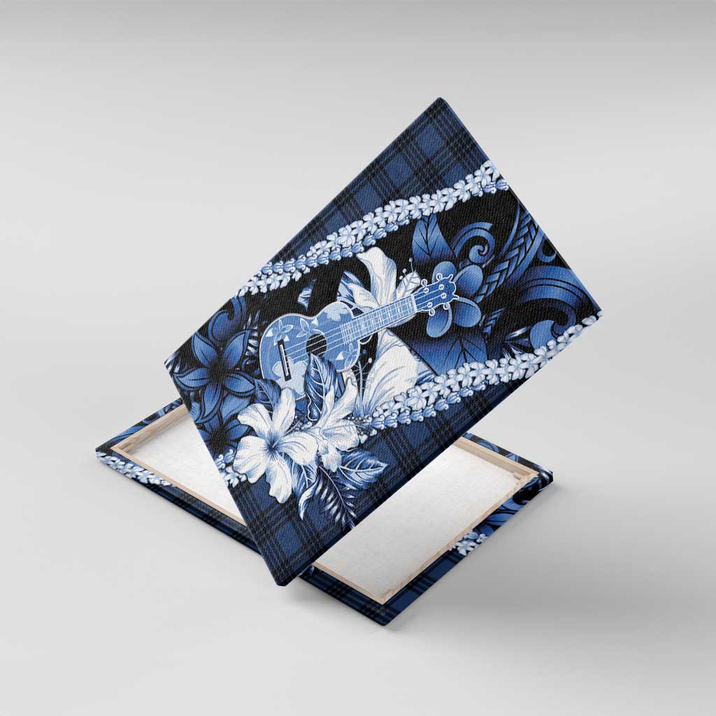 Hawaii Ukulele Canvas Wall Art Tropical Flowers With Palaka Effect Blue Version - Polynesian Pride