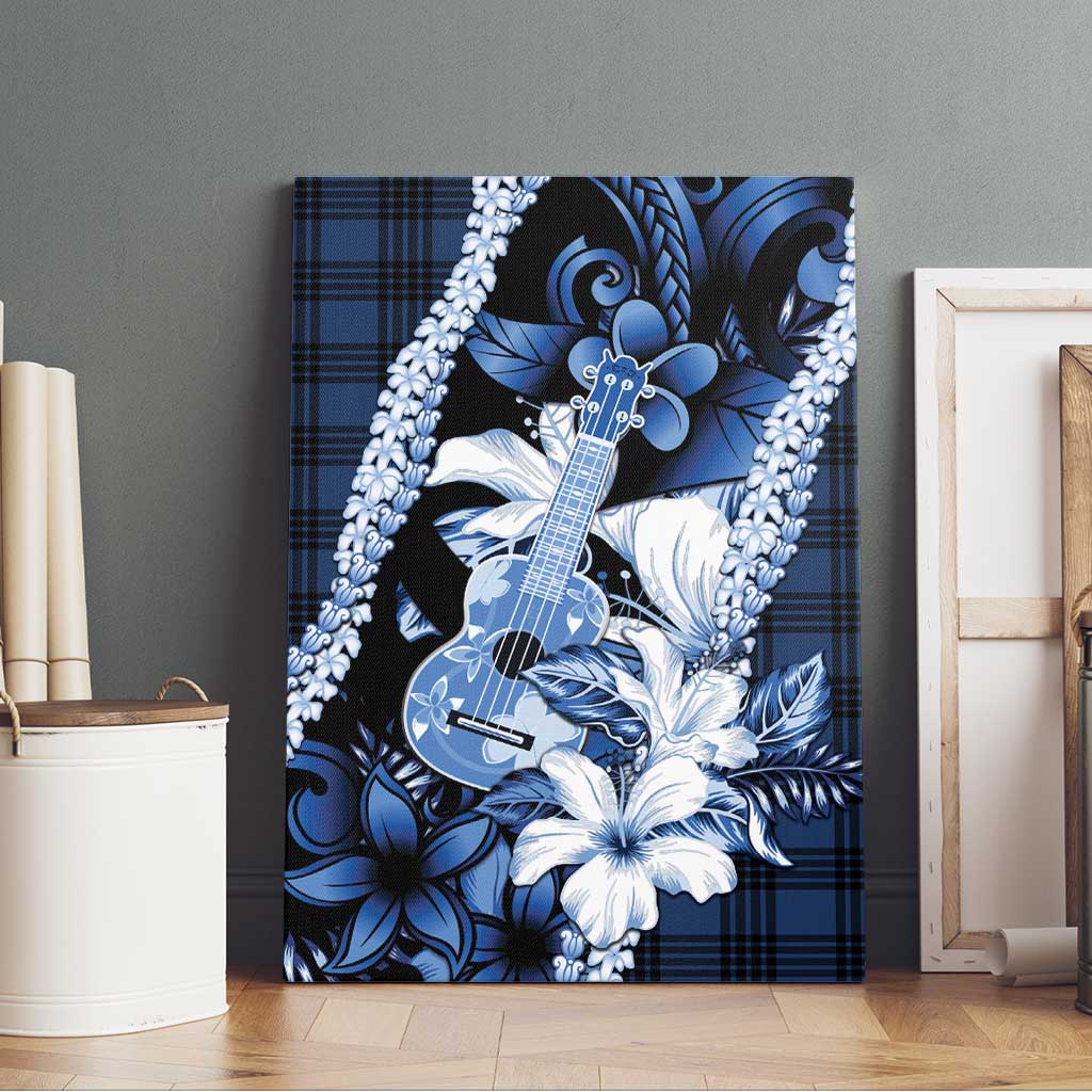 Hawaii Ukulele Canvas Wall Art Tropical Flowers With Palaka Effect Blue Version - Polynesian Pride